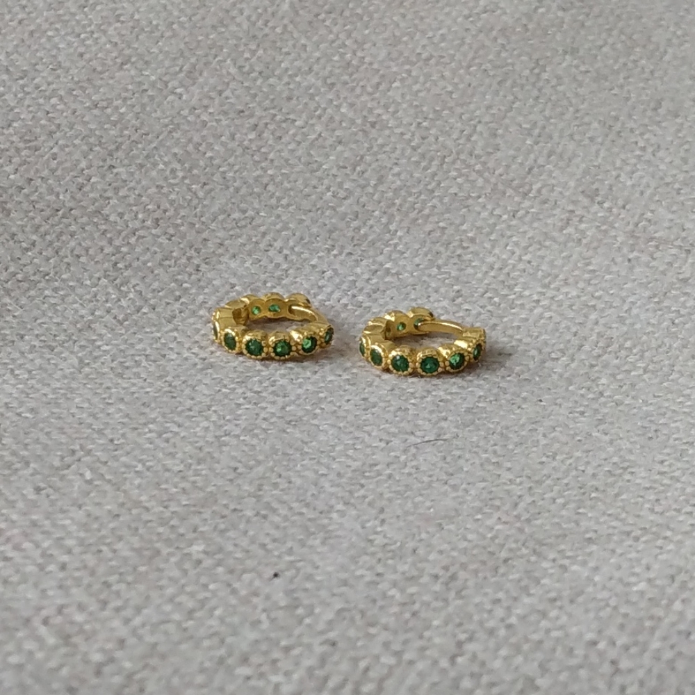 Gold Plated Sterling Silver Huggie Hoops with Green Stones